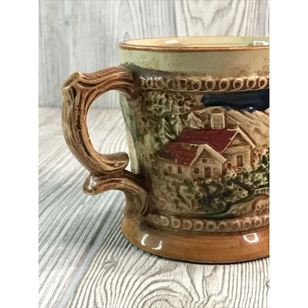Vintage Ceramic Mustache Stein Relief Scene Cabin Mountains Beer Mug